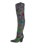 Multicolored Star Rhinestone Pointy Slip-On Over-Knee Thigh-High Western Boots