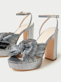 Pleated Bow Round Block Heeled Platform Sandals For Wide Feet - Metallic Silver & White