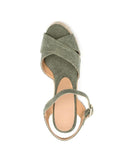 Oliva Green Cloth Cross Bands Open-toe Espadrille Wedge Sandals With Buckle Ankle Strap