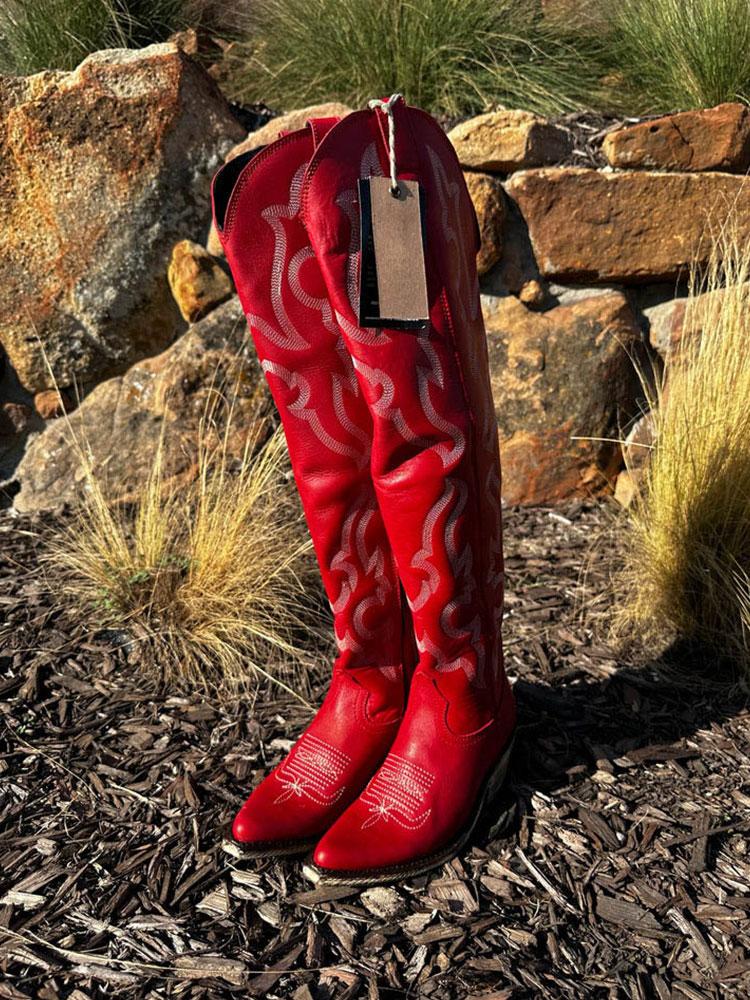 Red Embroidered Pointy Zipper Knee High Western Boots