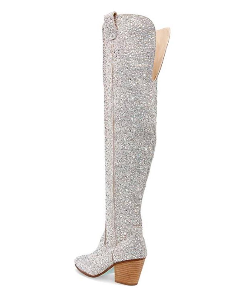 Silver Sparkly Rhinestone Round Toe Zipper Slanted Heel Western Over-Knee Tall Boots