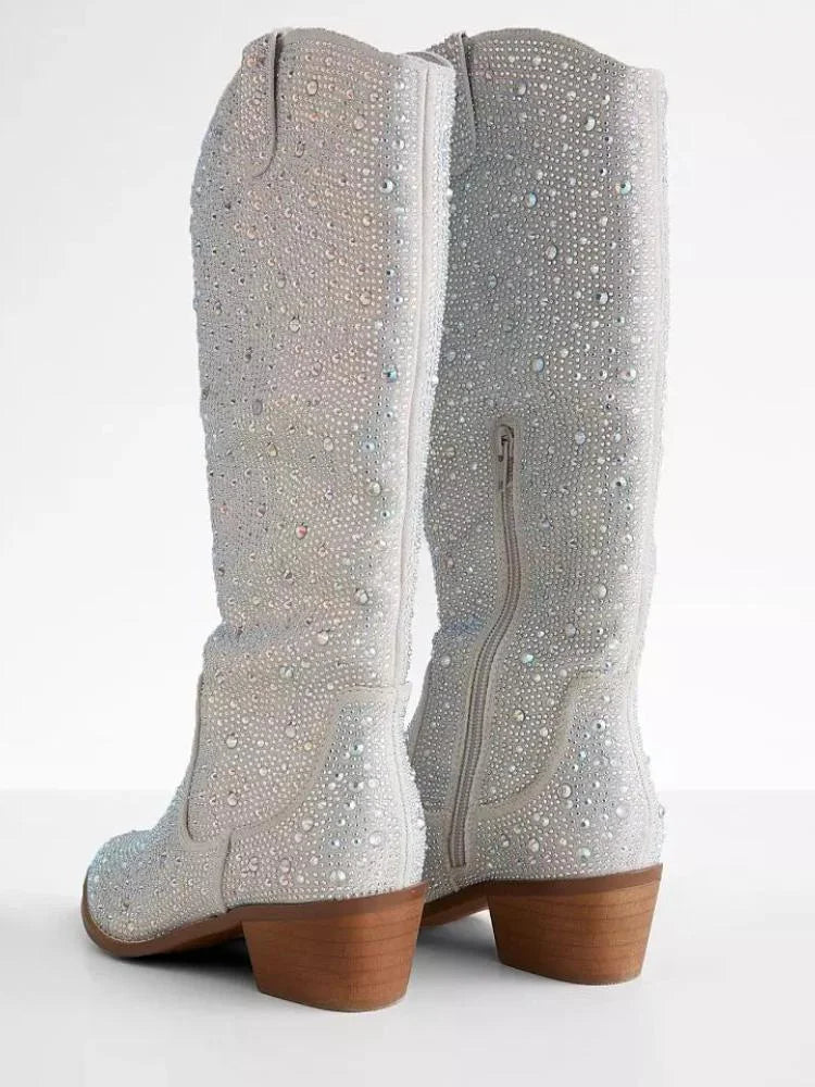 White Rhinestone Pointed Toe Zipper Mid Heel Western Mid Calf Boots