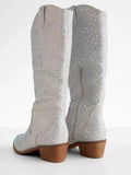 White Rhinestone Pointed Toe Zipper Mid Heel Western Mid Calf Boots