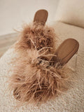 Fluffy Feather Round Toe Backless Slip-On Clear Heeled Sandals In Tan Blue Orange