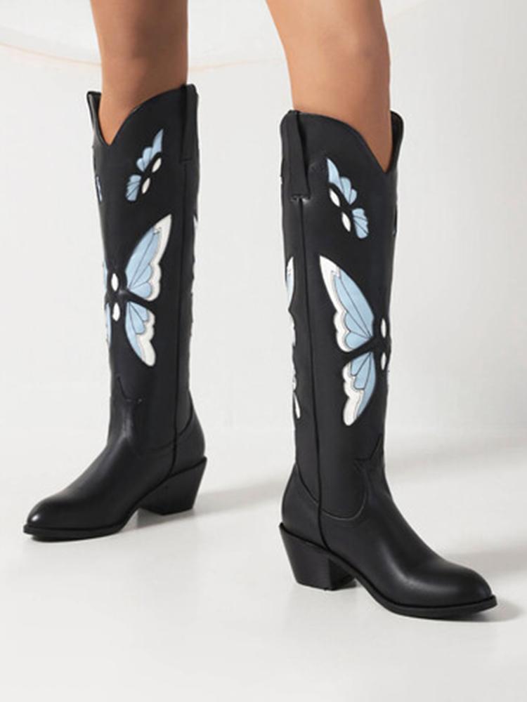 Butterfly Embroidery Pointed-toe Chunky Heels Wide Slip-on Knee High Cowgirl Boots