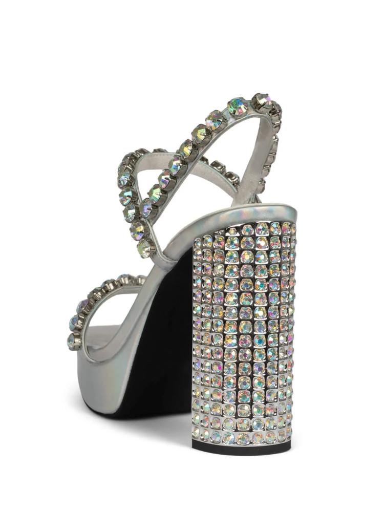 Iridescent Rhinestone Platform Chunky Heeled Sandals With Square Toe Ankle Strap Buckle