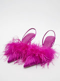 Fluffy Feather Elastic Strap Slingback Shiny Silk High-Heeled Pointed-Toe Pumps