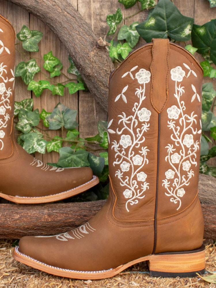 Women Mid Calf Cowboy Boots Embroidered Floral Square Toe Chunky Heel Western Boots