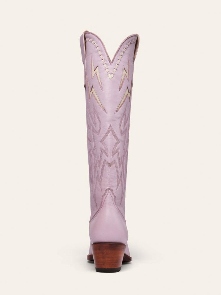 Lilac Purple Inlay Lightning Stitch Knee High Boots Slip-On Round Cowgirl Heeled Boots