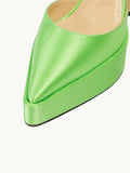 Green Silk Rhinestone Bow Chain Pointy Platform Pumps With Ankle Strap Flared Heel