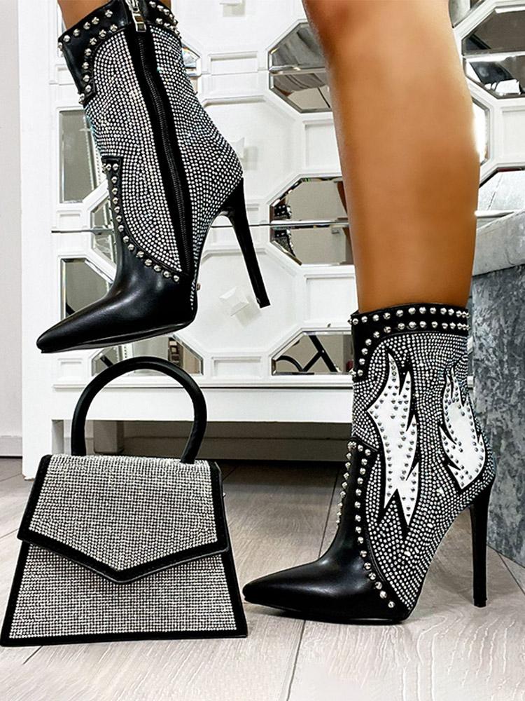 Studs Rhinestones Applique Pointed-toe High Heels Ankle Boots