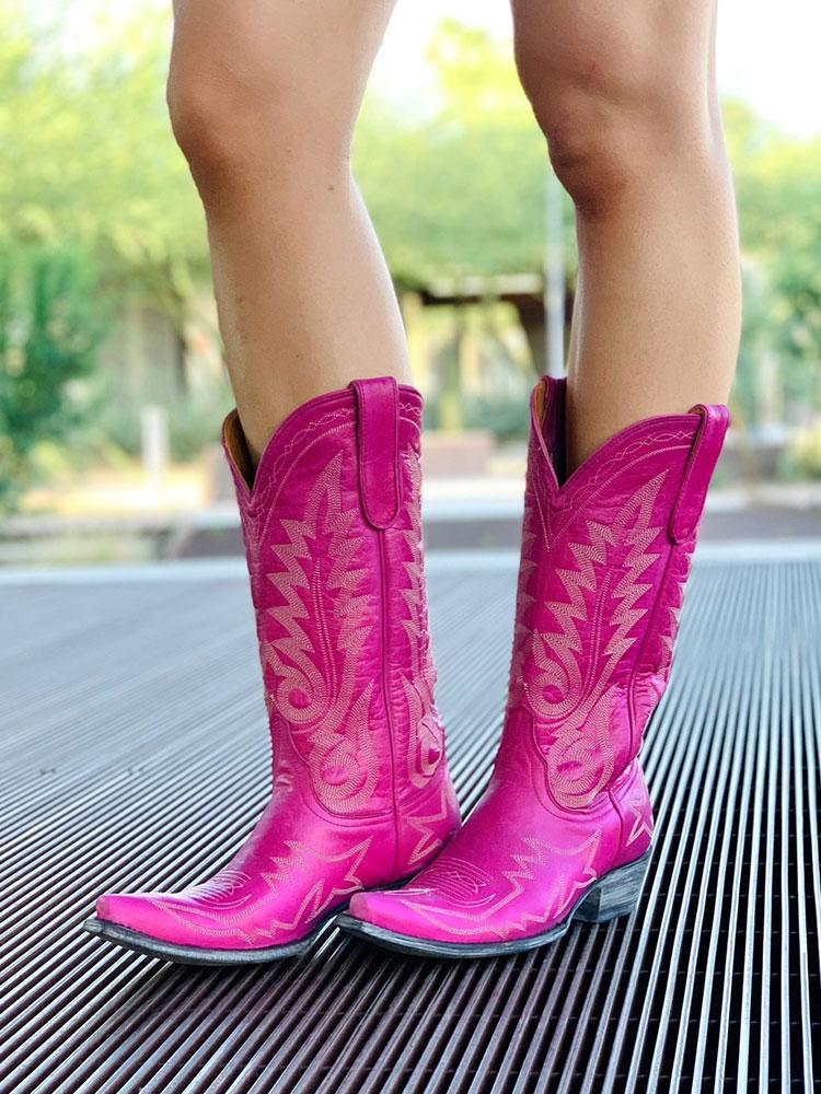 Embroidered Snip Western Wide Mid Calf Boots - Purple, Orange, Pink & Red