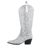 Glitter Zipper Pointy Mid Calf Cowgirl Boots In Gold Silver Black