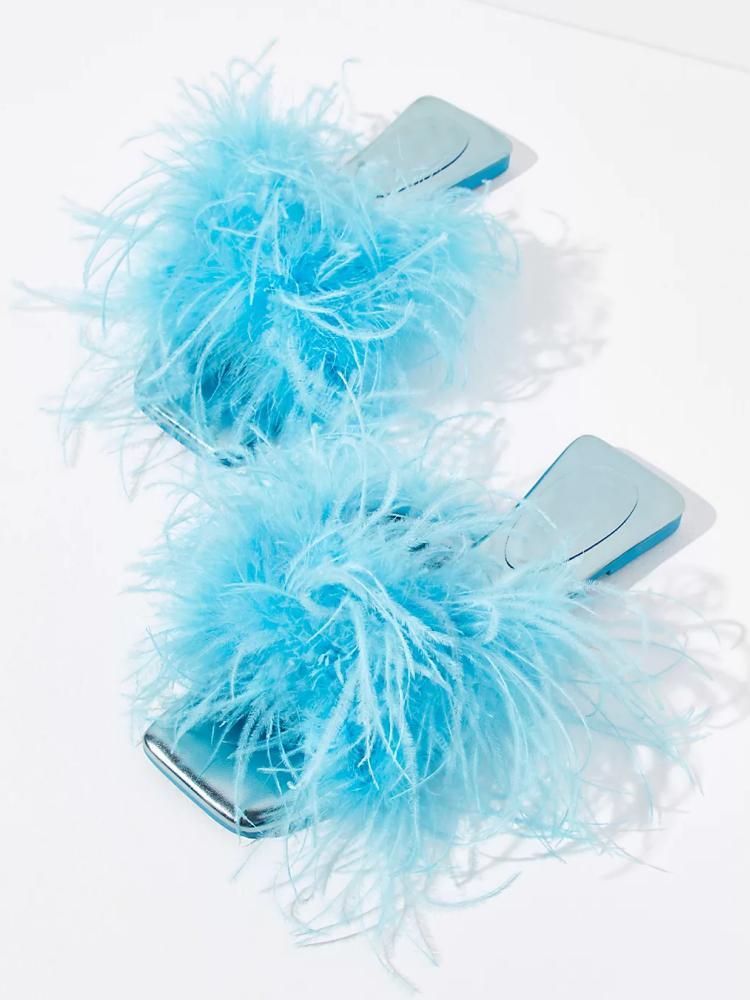 Fluffy Feather Single Band Square Toe Flat Slippers
