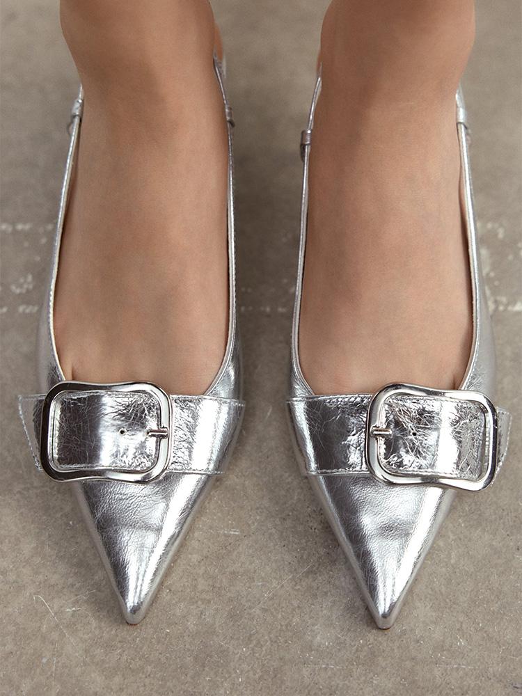 Metallic Silver Buckle Detail Slingback Pumps With Pointy Toe Kitten Heel