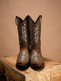 Filigree Cutout Embroidered Sparkling Inlay Stud Snip Wide Mid Calf Cowgirl Genuine Leather Boots