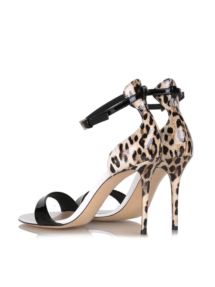 Glitter Leopard Print Round Stiletto Heeled Dress Sandals With Buckle Metallic Ankle Strap