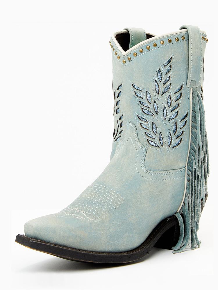 Light Blue Fringed Studded Inlay With Glitter Snip-toe Slip-on Mid-Calf Western Boots For Women