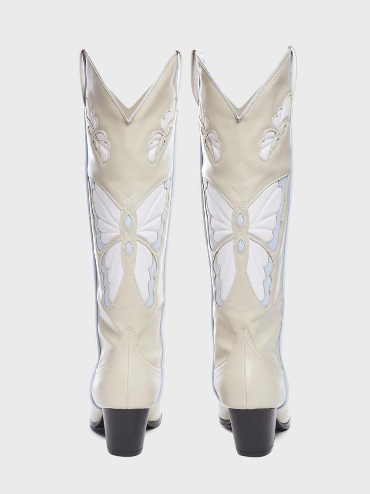 Contrast Butterfly Wing Inlay Stitch Pointed Toe Wide Mid Calf Cowgirl Tall Boots