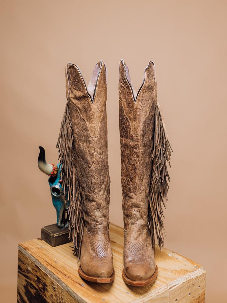 Eagle Wing Embroidered Fringe Snip Zip Knee High Western Boots