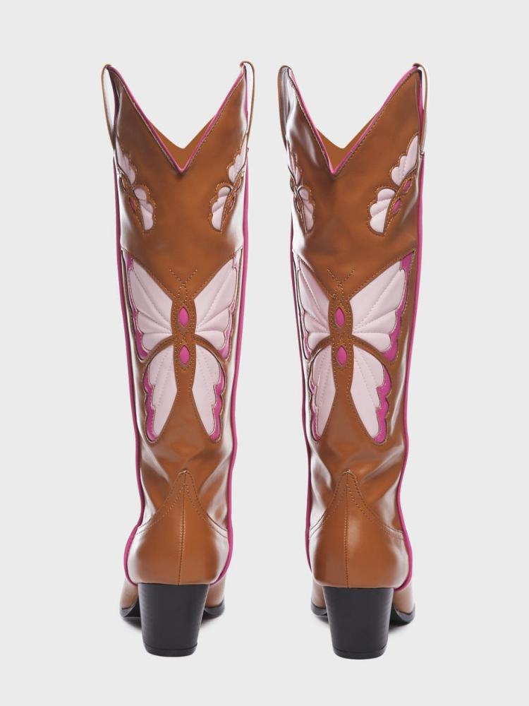 Contrast Butterfly Wing Inlay Stitch Pointed Toe Wide Mid Calf Cowgirl Tall Boots