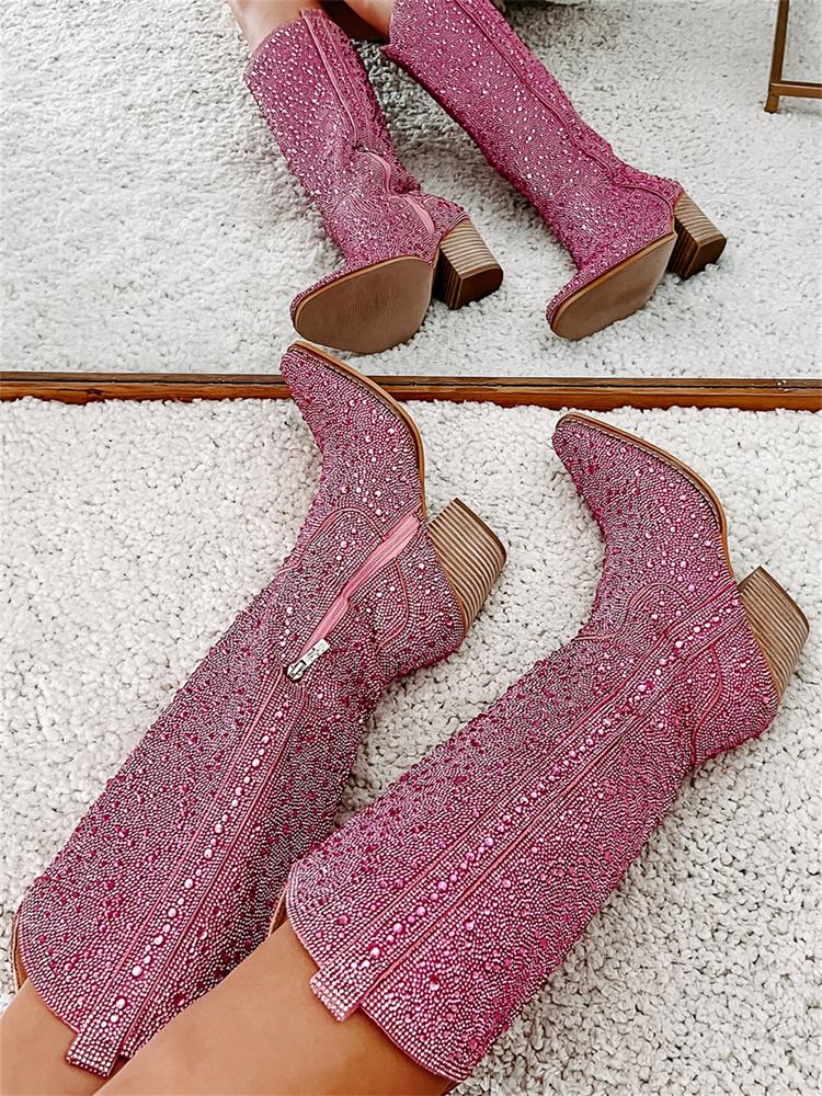 Pink Rhinestone Pointy Slip-on Mid-Calf Cowgirl Boots