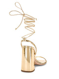 Metallic Gold Lace Up Gladiators Square Toe Block Heeled Sandals