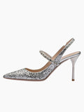 Silver Glitter Instep Strap Pointy Stiletto Slingback Pumps