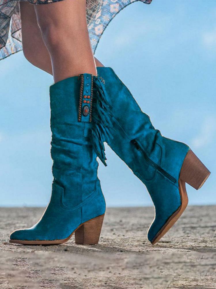 Faux Suede Fringed Pointed-toe Slip-on MId-Calf Women Western Boots With Jewels