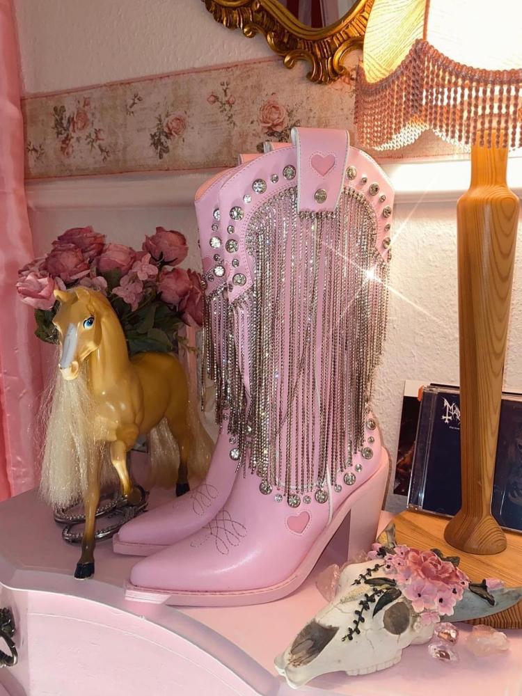 Pink Sparkly Rhinestone Fringe Cute Boots Heart Stitch Zip Pointy Mid-Calf Cowgirl Tall Boots