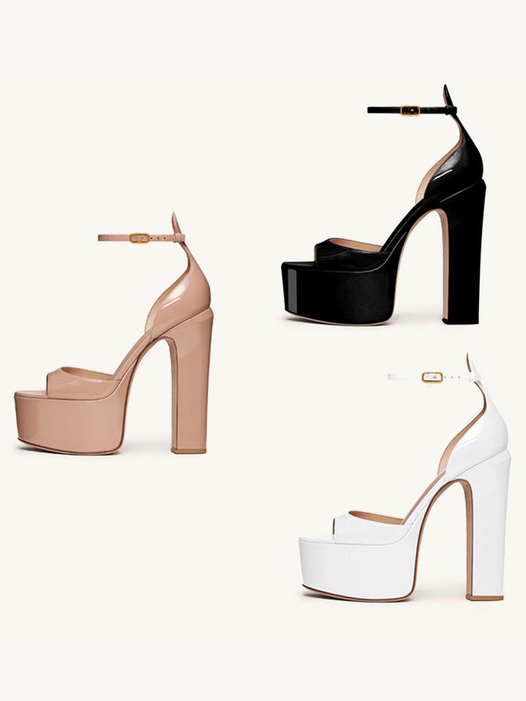 Nude Patent Platform Block Heeled Sandals With Ankle Strap Round Toe