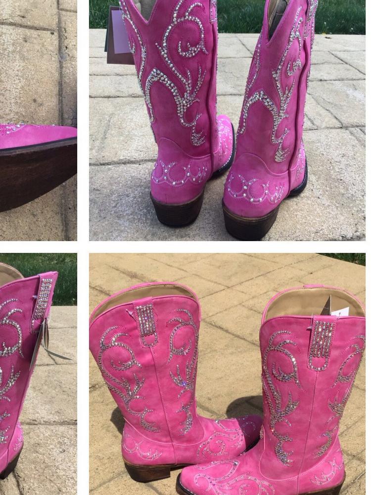 Pink Embroidered Crystal Rhinestone Square Toe Mid Heel Western Mid Calf Boots