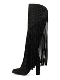 Black Rhinestone Fringe Block Heeled Knee High Tall Boots With Zip Square Toe Wide Calf