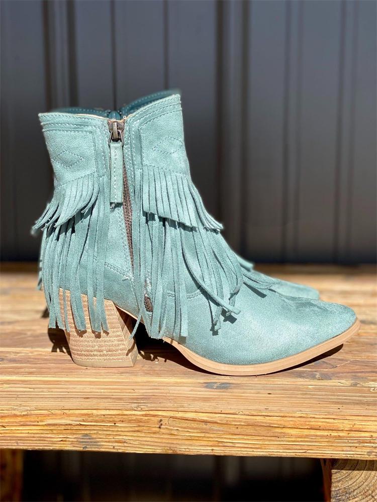 Blue Fringed Pointy Short Western Boots