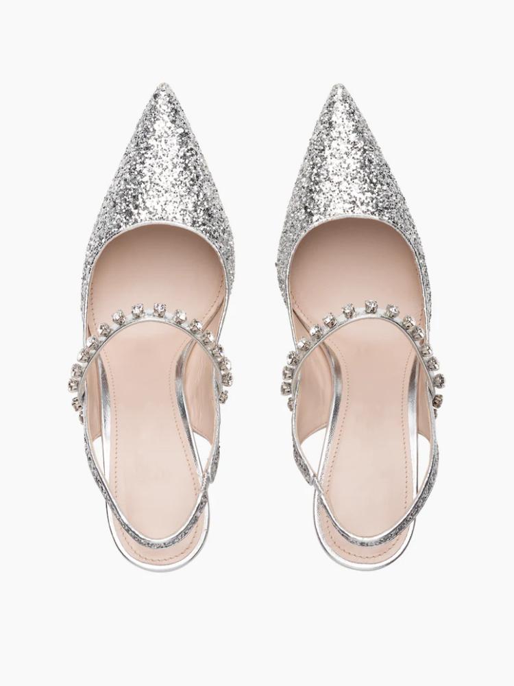 Silver Glitter Instep Strap Pointy Stiletto Slingback Pumps