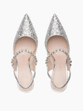 Silver Glitter Instep Strap Pointy Stiletto Slingback Pumps