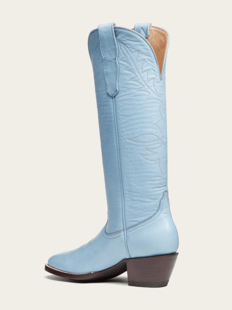 Blue Embroidered Wide Calf Knee High Boots Round Toe Western Heeled Boots