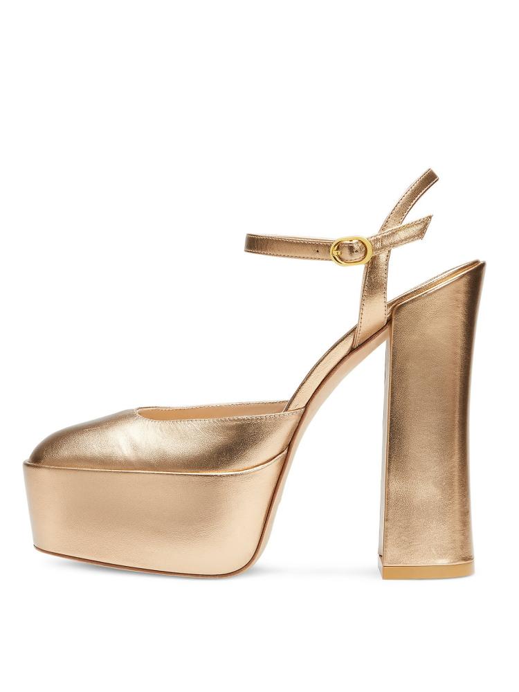 Metallic Gold Platform Block Heeled Pumps For Wide Feet