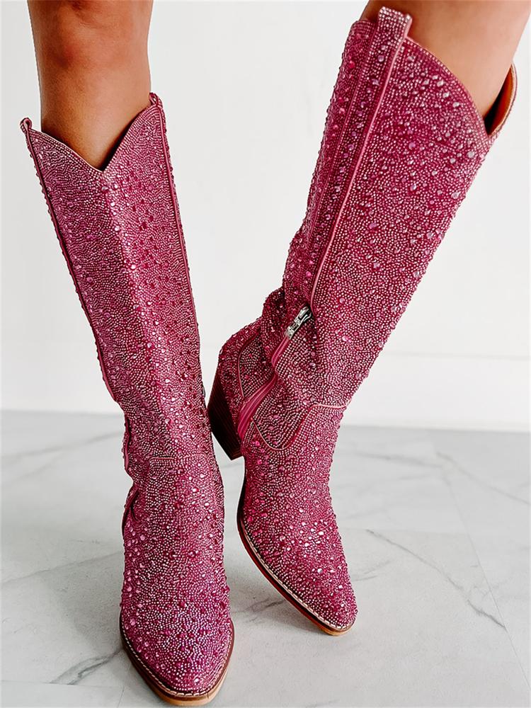 Pink Rhinestone Pointy Slip-on Mid-Calf Cowgirl Boots