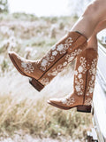 Women Mid Calf Cowboy Boots Floral Embroidered Rhinestone Square Toe Chunky Heel Western Boots