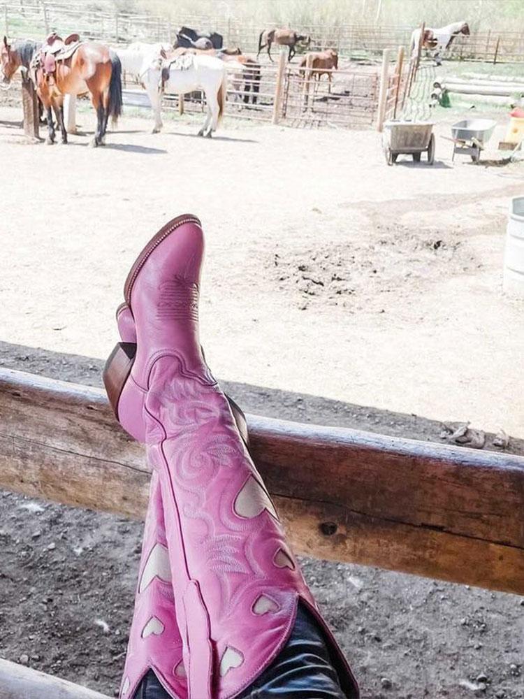 Pink Embroidered Inlay Heart Wide Calf Knee High Boots Round Toe Chunky Heeled Western Boots