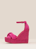 Faux Suede Knot Buckle Ankle Strap Round Raffia Platform Wedge Espadrilles Sandals