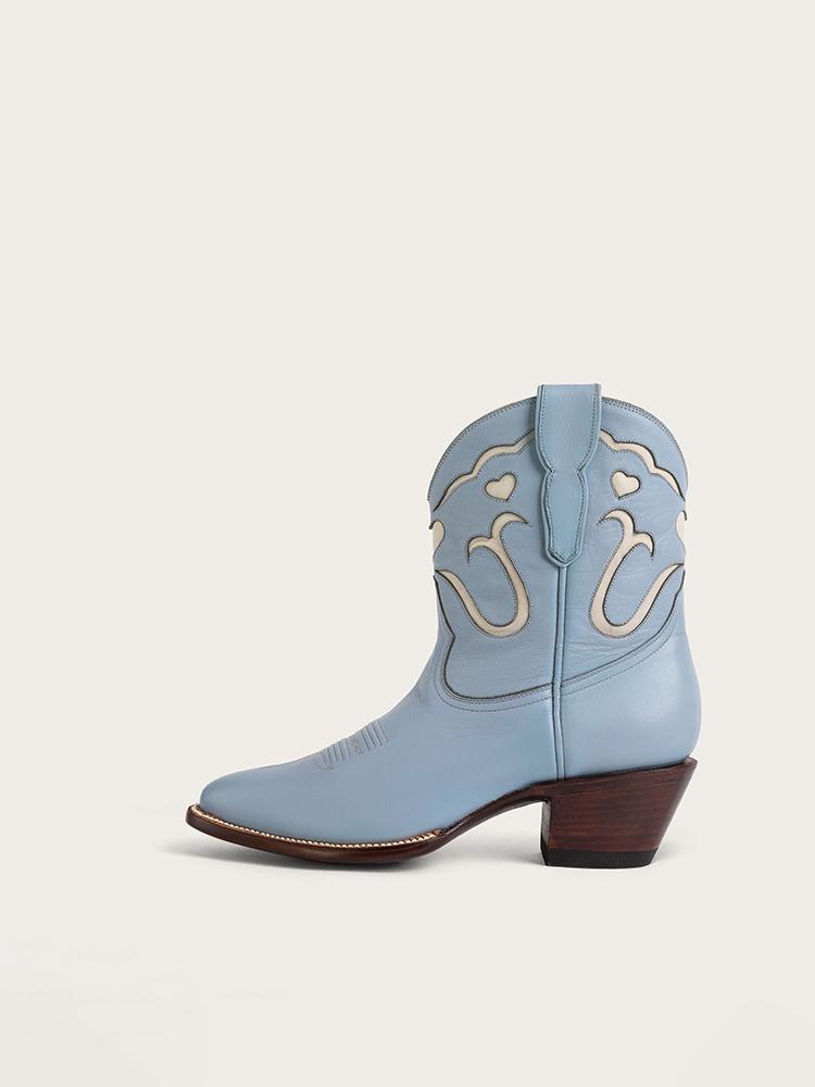 Blue Stitch White Heart Inlay Round Slip-On Women Cowgirl Ankle Booties