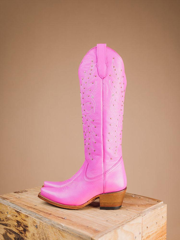 Pink Embroidered Stud Snip Zipper Mid Calf Cowgirl Boots