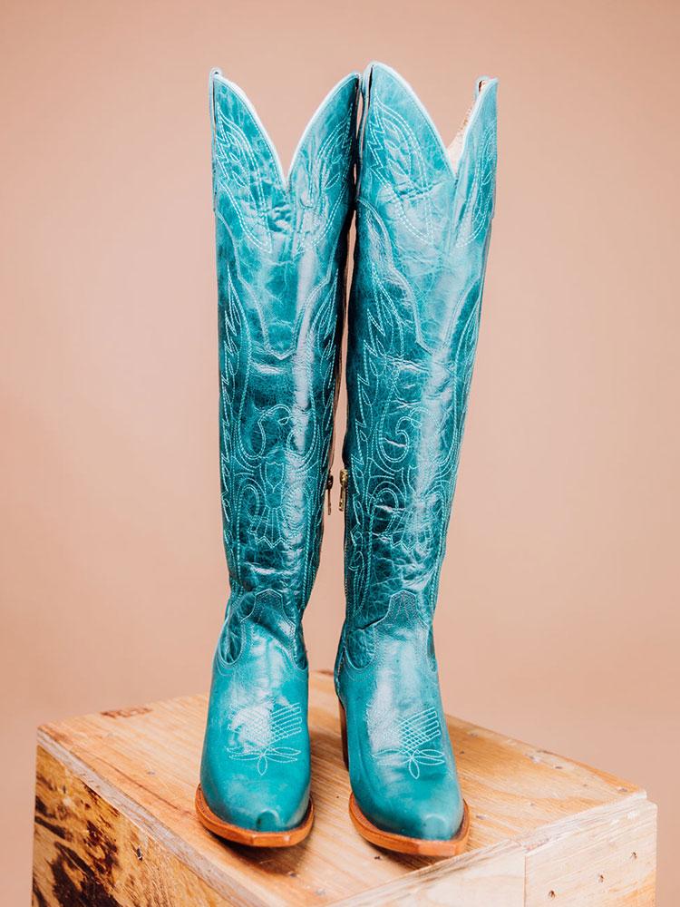 Eagle Wing Embroidered Snip Zip Western Knee High Boots - Turquoise, White & Black