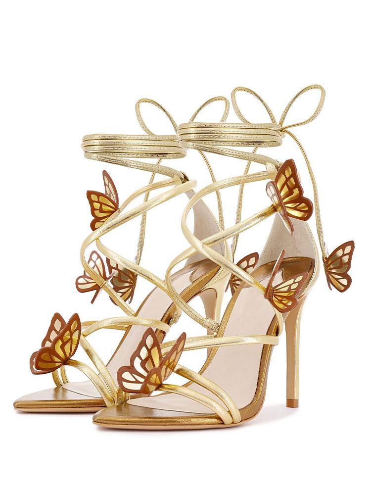 Butterfly Gold Metallic Bright Lace-Up Stiletto-Heel Pointed-Toe Sandals