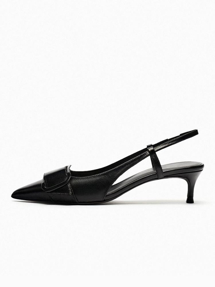 Black Oil Wax Buckle Pointy Kitten Slingback Pumps