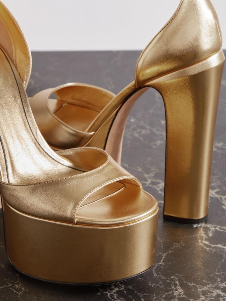 Metallic Gold Platform Block Heeled Sandals With Round Toe Ankle Strap