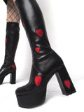 Pink Red Heart Square Toe Block Heel Gogo Platform Knee High Boots