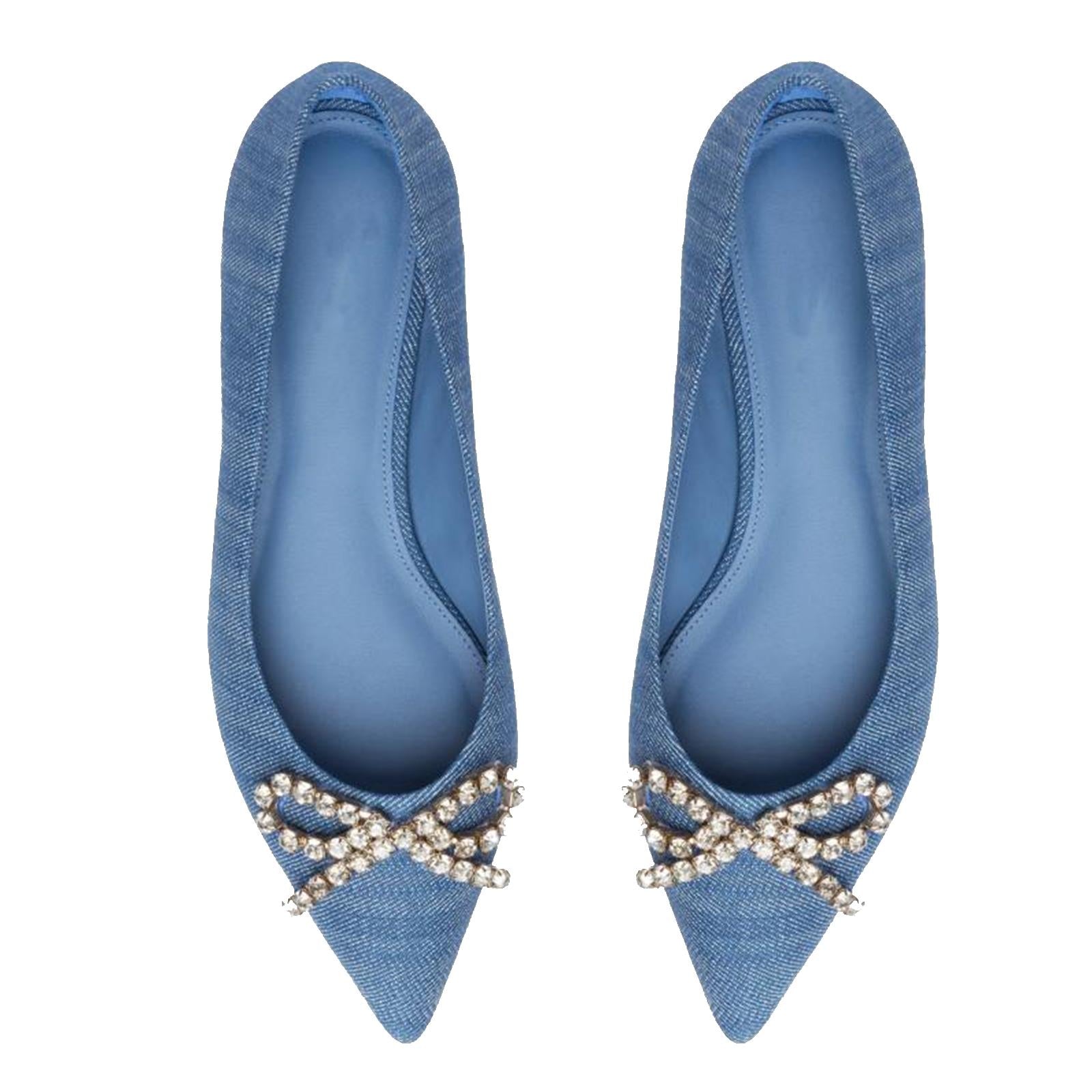 Blue Denim Rhinestone Bow Pointed Ballet Flats For Women